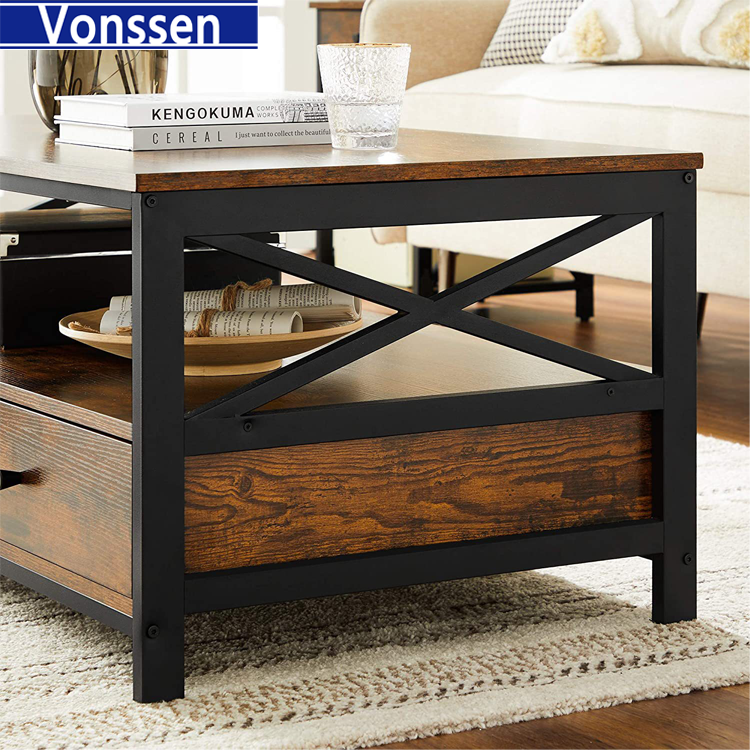 Vonssen Rustic Brown Cocktail Table Industrial Wood Top Metal Frame Coffee Table with Storage Shelf VS1010400087