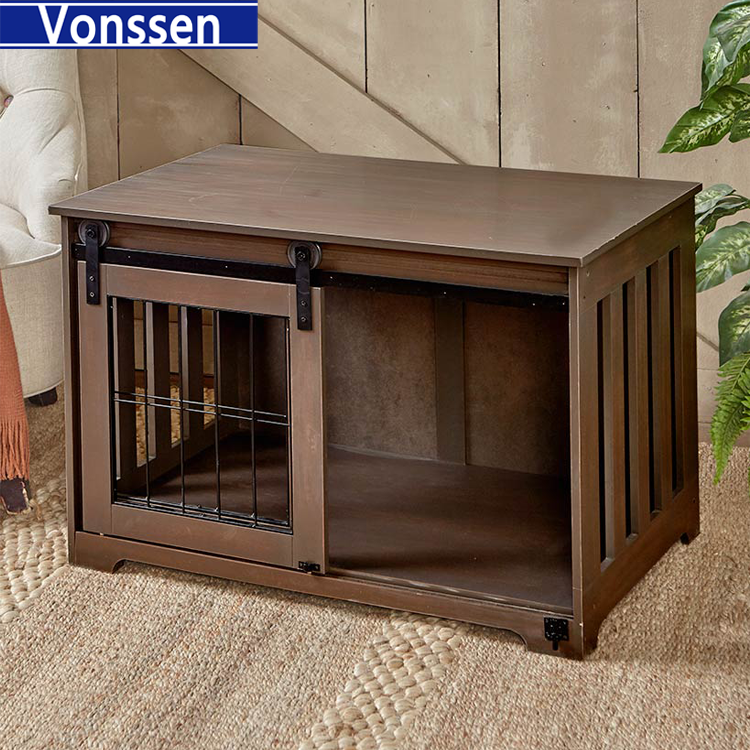 Vonssen Barn Door Pet Crate End Table with Sliding Door for Dogs Cats (White) VS3010100001