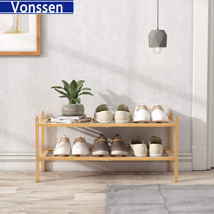 Vonssen 2-Tier Bamboo Shoe Rack Premium Stackable Shoe shelf Storage Organizer For Hallway Closet Living Room Entryway Organizer Natural Bamboo VS1060200013