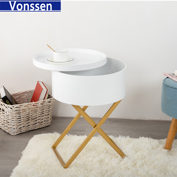 Vonssen Side Table Round Coffee Table with Tray End Table Wooden Sofa Table Rotatable Small Storage Organizer X-shaped metal table legs VS1010400085