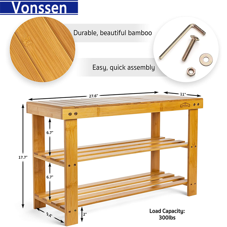 Vonssen 3 Tier Bamboo Shoe Rack Bench Storage Shelf Organizer Entryway Home Furni New-Bamboo Shoe Rack Bench Bamboo Bench Shoe Rack Shoe Rack VS1060200017