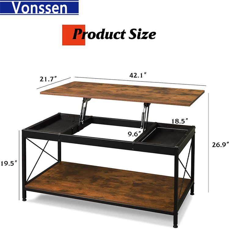 Vonssen  Lift Top Coffee Table with Hidden Compartment Industrial Dining Center Table with Storage Shelf and 2 Hidden Drawer Compartment Rising Cocktail Table VS1010400088