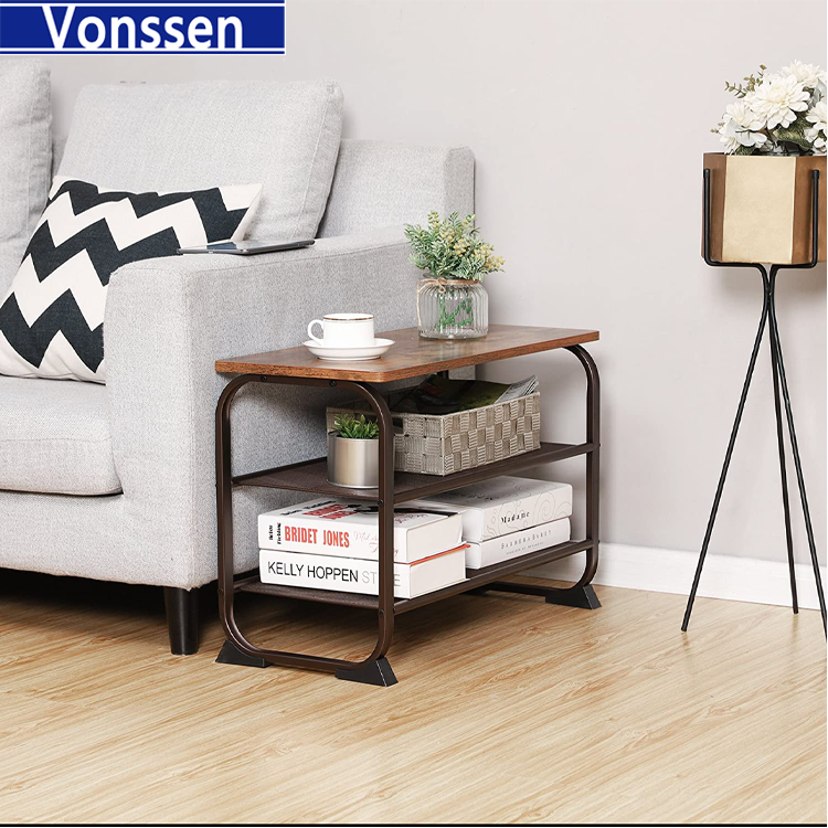 Vonssen Industrial 3 Tier Wood Top Shoe Rack with Metal Base Black and Brown VS1060200020