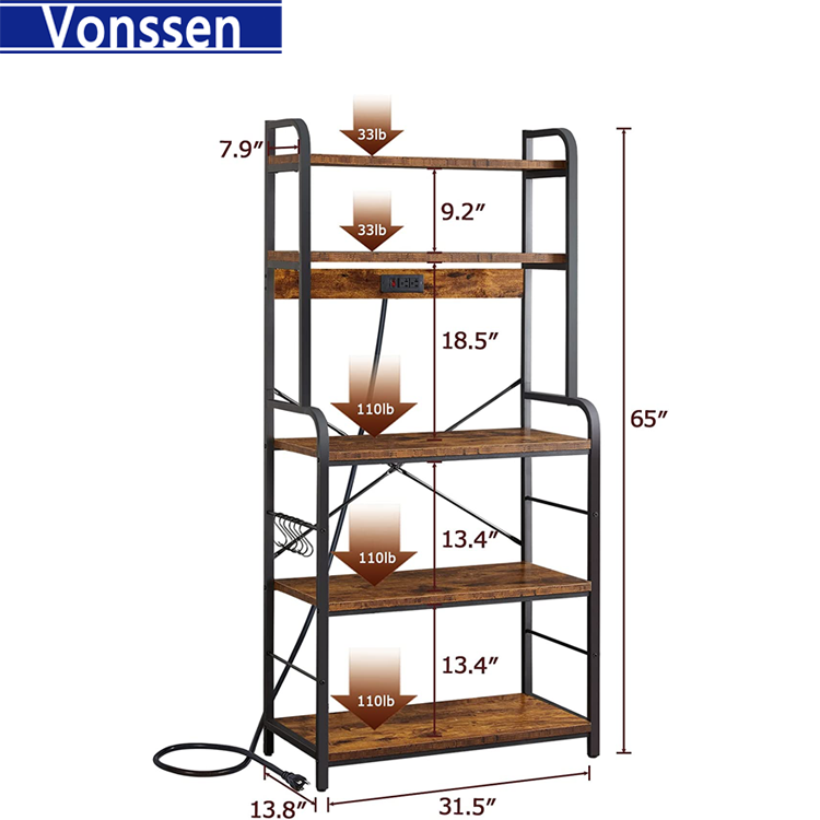 Vonssen Bakers Rack with Power Outlet Microwave Stand Coffee Bar with Wire Basket Kitchen Storage Rack with 6 S-Hooks Kitchen Shelves for Spices Pots and Pans VS1031403011