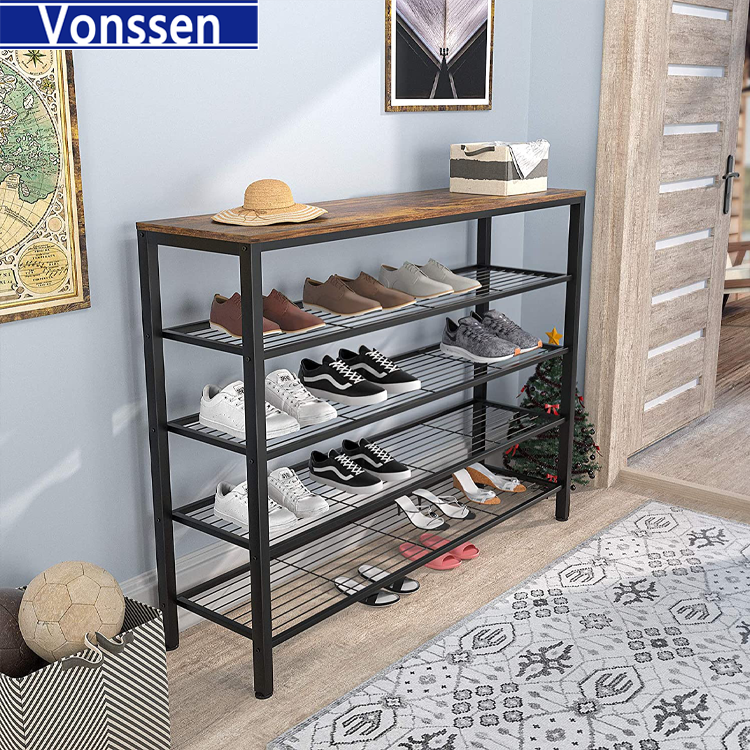 Vonssen Shoe Rack Industrial Shoe Storage Organizer Large 5-Tier Metal Shoe Rack Shelves with Wood Board Entryway Table for Hallway Living Room Closet Bedroom VS1060200022