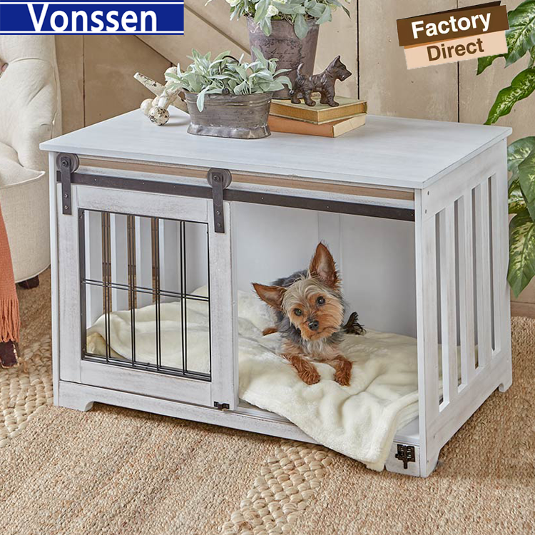 Vonssen Barn Door Pet Crate End Table with Sliding Door for Dogs Cats (White) VS3010100001