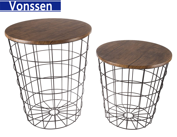 Vonssen Black Brown 2-Piece Nesting Veneer Metal and Wood Round Accent Table Set VS1010400004