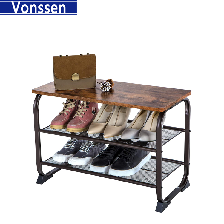 Vonssen Industrial 3 Tier Wood Top Shoe Rack with Metal Base Black and Brown VS1060200020