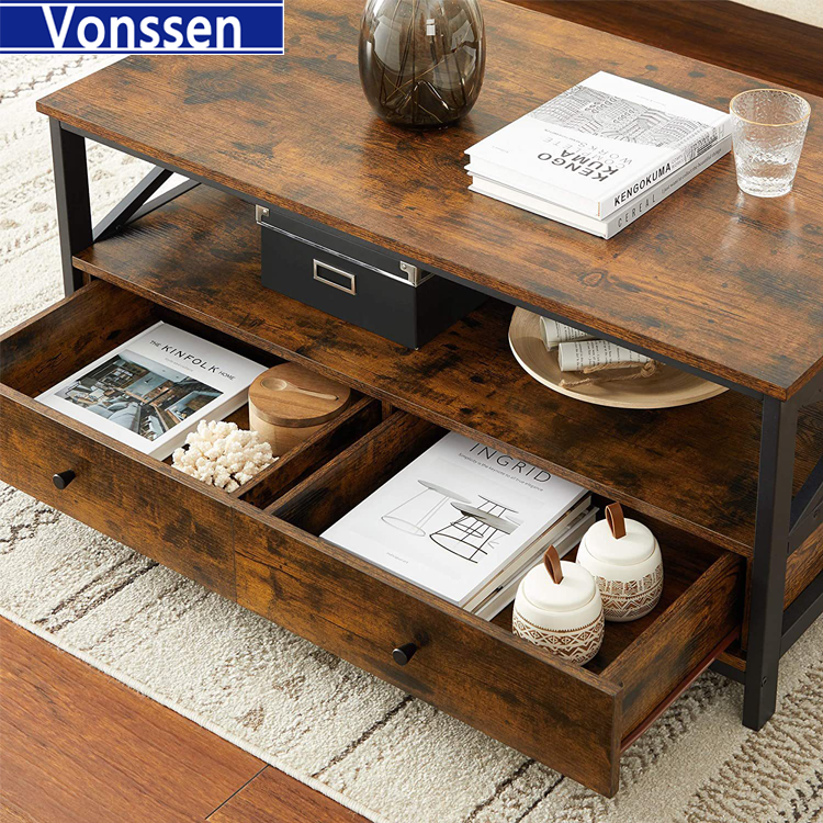 Vonssen Rustic Brown Cocktail Table Industrial Wood Top Metal Frame Coffee Table with Storage Shelf VS1010400087