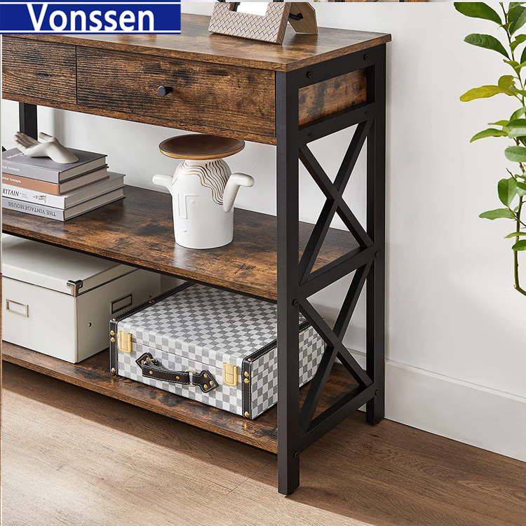 Vonssen Console Table Entryway Table with Storage Shelves Drawers Sofa Table with Metal Frame Farmhouse Industrial Style Rustic Brown and Black VS1010400004