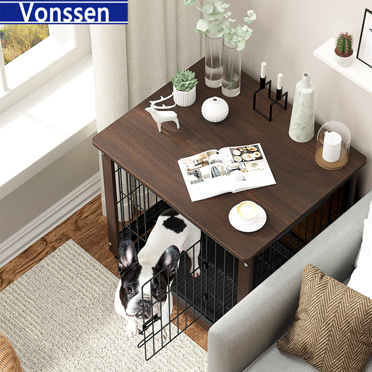 Vonssen Wooden Dog Crate Furniture: 38 inch Nightstand Style Animal Crates with Tray - Indoor Pet Training Pen Cage with Wood Top Double Gate Cute Escape Chew Proof Walnut Brown VS3010100006