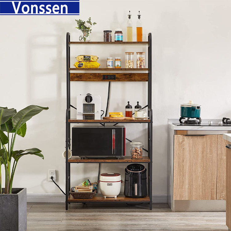 Vonssen Bakers Rack with Power Outlet Microwave Stand Coffee Bar with Wire Basket Kitchen Storage Rack with 6 S-Hooks Kitchen Shelves for Spices Pots and Pans VS1031403011