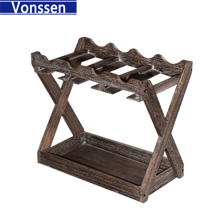 Vonssen Countertop Solid Wood Wine Rack for 4 Bottles and 6 Stemware Glass Holder Cork Storage Tabletop Tray Freestanding Organizer  VS1031700011