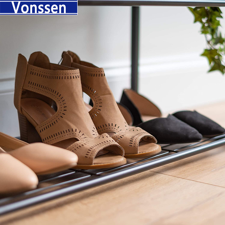 Vonssen 3-Tier Shoe Bench for Entryway 6 Pairs Extendable Shoe Organizer for Closet Stackable Shoe Storage Organizer Wood and Metal Shoe Rack Bench VS1060200021