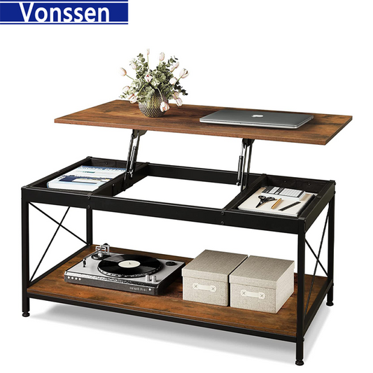 Vonssen  Lift Top Coffee Table with Hidden Compartment Industrial Dining Center Table with Storage Shelf and 2 Hidden Drawer Compartment Rising Cocktail Table VS1010400088