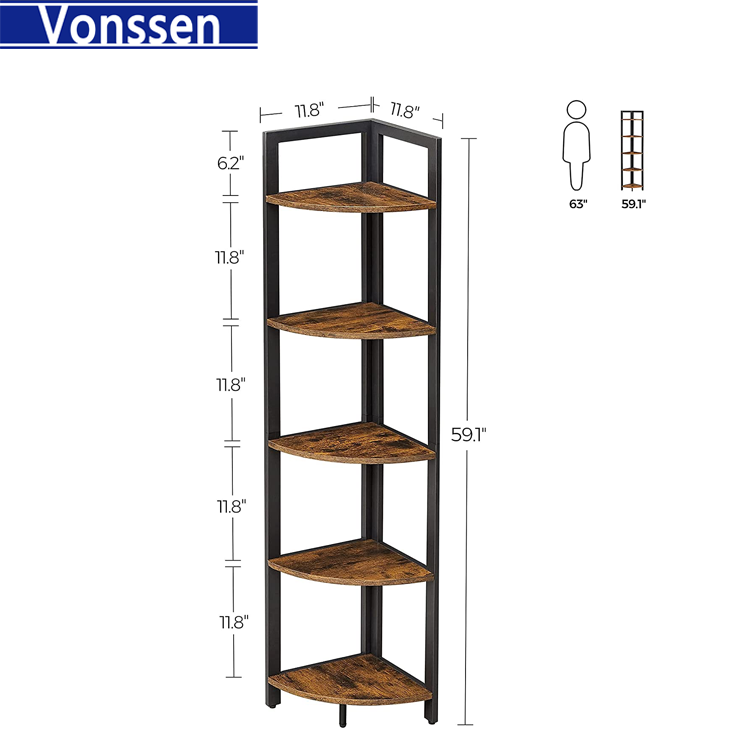 Vonssen 5 Tier Corner Shelf Stand Corner Bookshelf Tall Corner Storage Shelves Industrial Rack Plant Stand for Living Room Bedroom Home Office Rustic Brown and Black VS1050200026