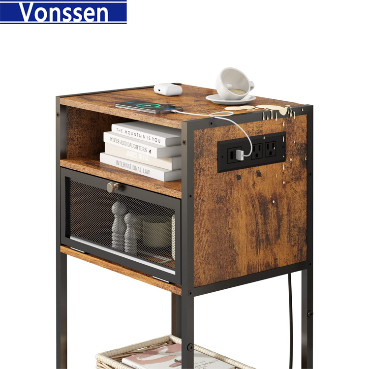 Vonssen Nightstand with Charging Station Bedside Tables with 3 Tiers Storage Space and Door End Tables with USB Ports and Outlets for Bedroom Living Room Brown VS1010400122 --