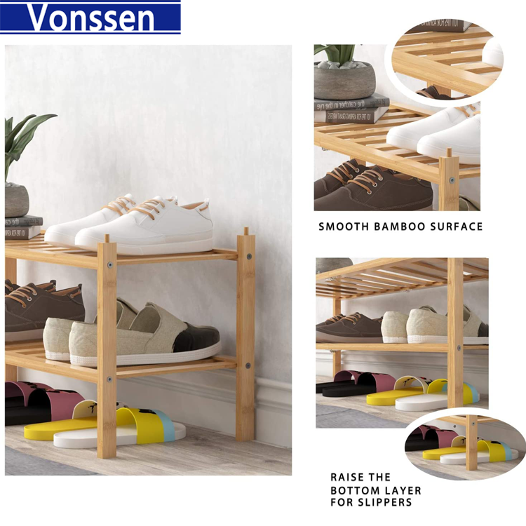 Vonssen 2-Tier Bamboo Shoe Rack Premium Stackable Shoe shelf Storage Organizer For Hallway Closet Living Room Entryway Organizer Natural Bamboo VS1060200013