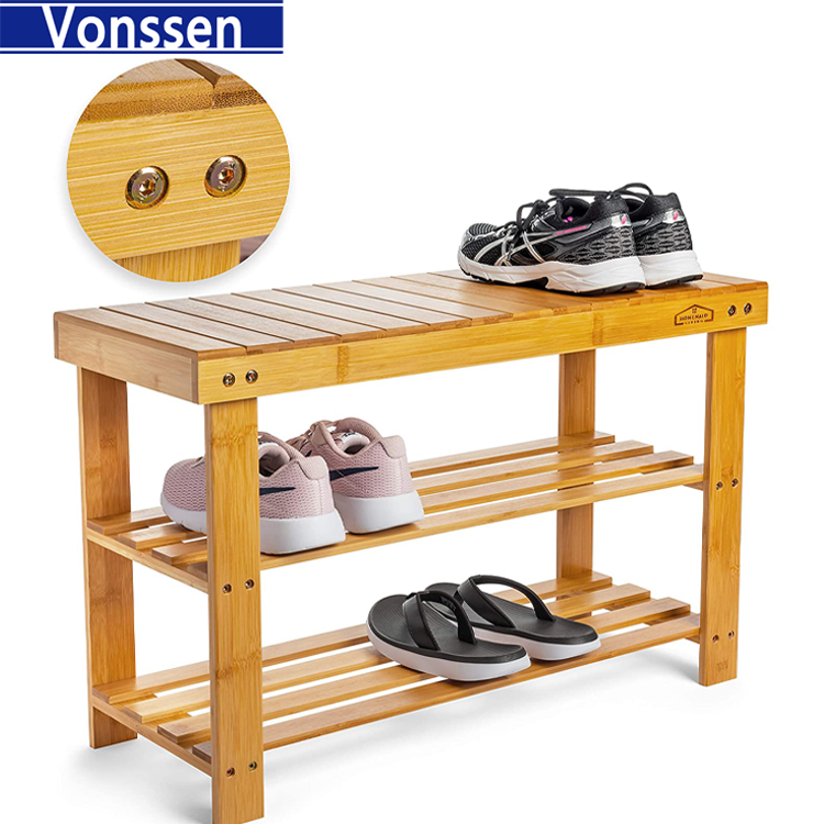 Vonssen 3 Tier Bamboo Shoe Rack Bench Storage Shelf Organizer Entryway Home Furni New-Bamboo Shoe Rack Bench Bamboo Bench Shoe Rack Shoe Rack VS1060200017