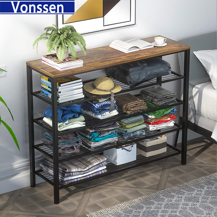 Vonssen Shoe Rack Industrial Shoe Storage Organizer Large 5-Tier Metal Shoe Rack Shelves with Wood Board Entryway Table for Hallway Living Room Closet Bedroom VS1060200022