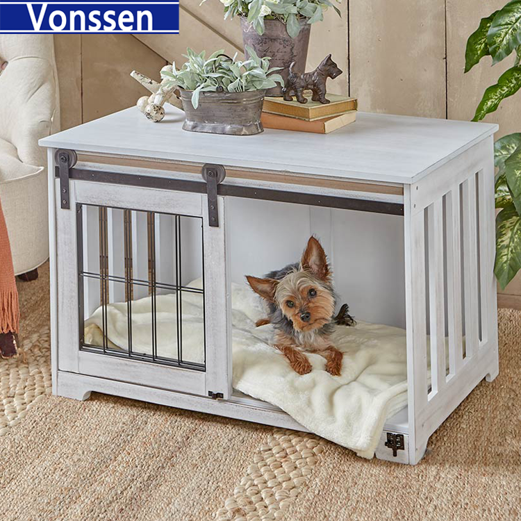 Vonssen Barn Door Pet Crate End Table with Sliding Door for Dogs Cats (White) VS3010100001