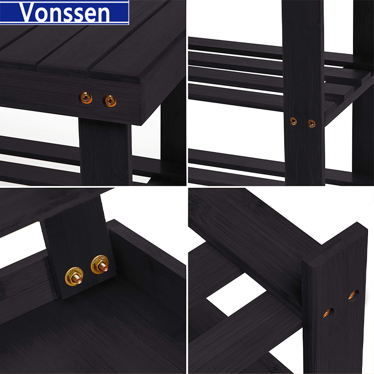 Vonssen 17.7 in. H 6-Pair Black Bamboo Shoe Rack Bench 3-Tier Storage Shelf VS1060200015