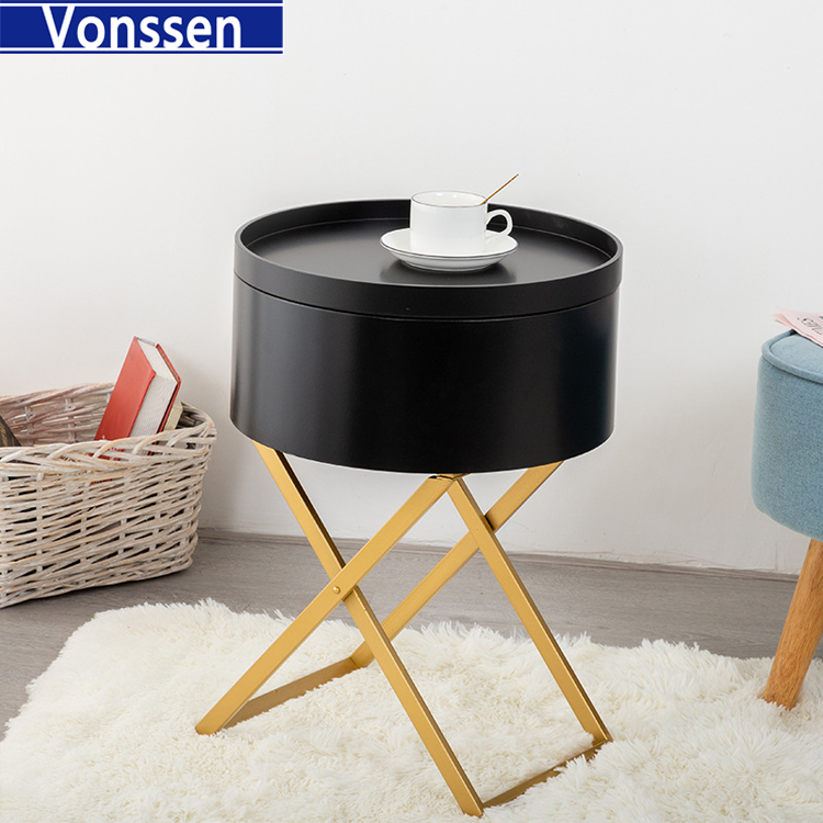 Vonssen Side Table Round Coffee Table with Tray End Table Wooden Sofa Table Rotatable Small Storage Organizer X-shaped metal table legs VS1010400085