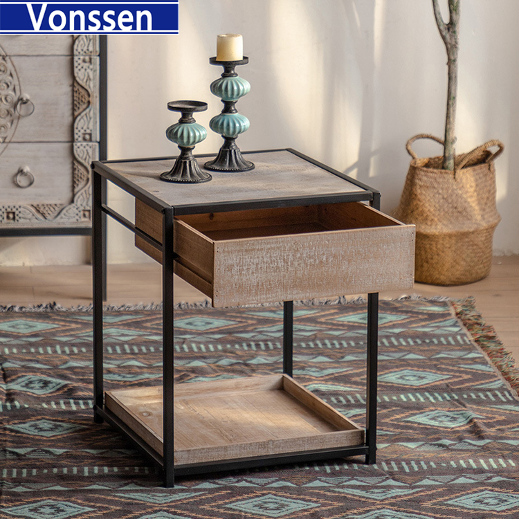 Vonssen Riverside Solid Mango Wood and Metal 20 inch wide Rectangle End Table Industrial End Side Table in Natural with Storage 1 Drawer and 1 Shelf for the Living Room and Bedroom VS1010400082