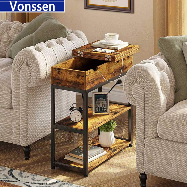 Vonssen end Table with Charging Station Nightstand Sofa Table for Living Room Bedroom Rustic Brown VS1010400090 --