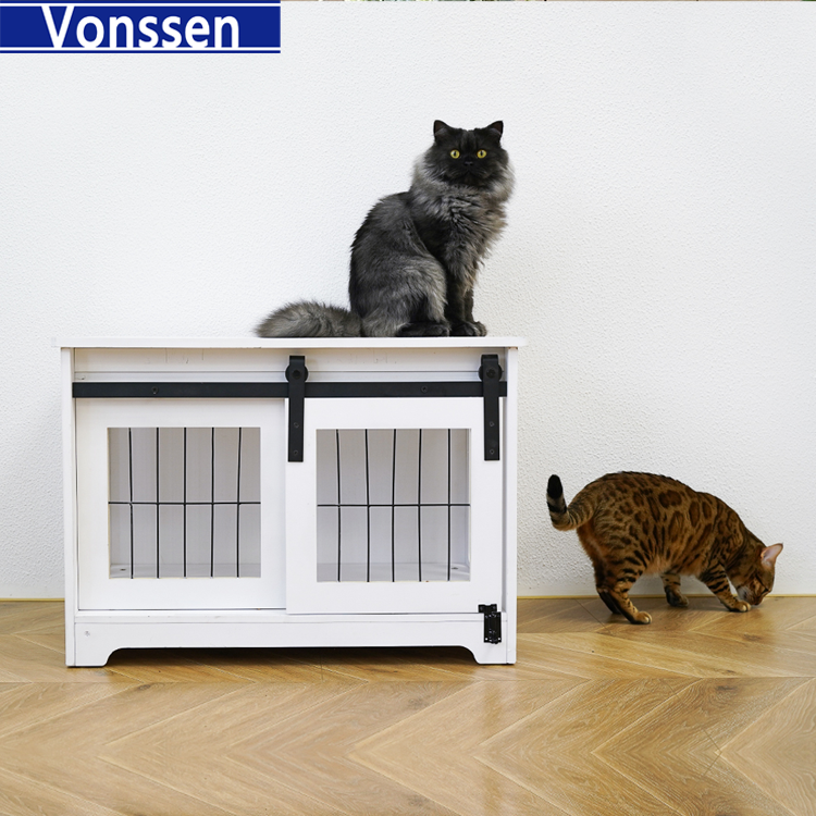 Vonssen Barn Door Pet Crate End Table with Sliding Door for Dogs Cats (White) VS3010100001