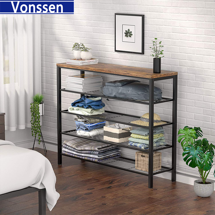 Vonssen Shoe Rack Industrial Shoe Storage Organizer Large 5-Tier Metal Shoe Rack Shelves with Wood Board Entryway Table for Hallway Living Room Closet Bedroom VS1060200022