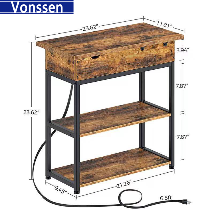 Vonssen end Table with Charging Station Nightstand Sofa Table for Living Room Bedroom Rustic Brown VS1010400090 --