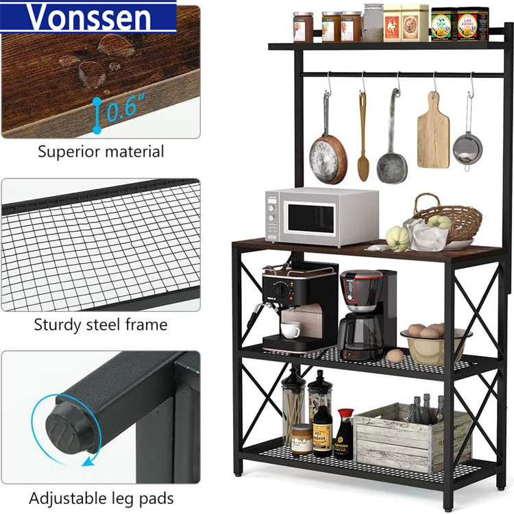 Vonssen Bestier Industrial 63 inch 5 Tier Kitchen Baker's Rack with Hooks Black VS1031403010