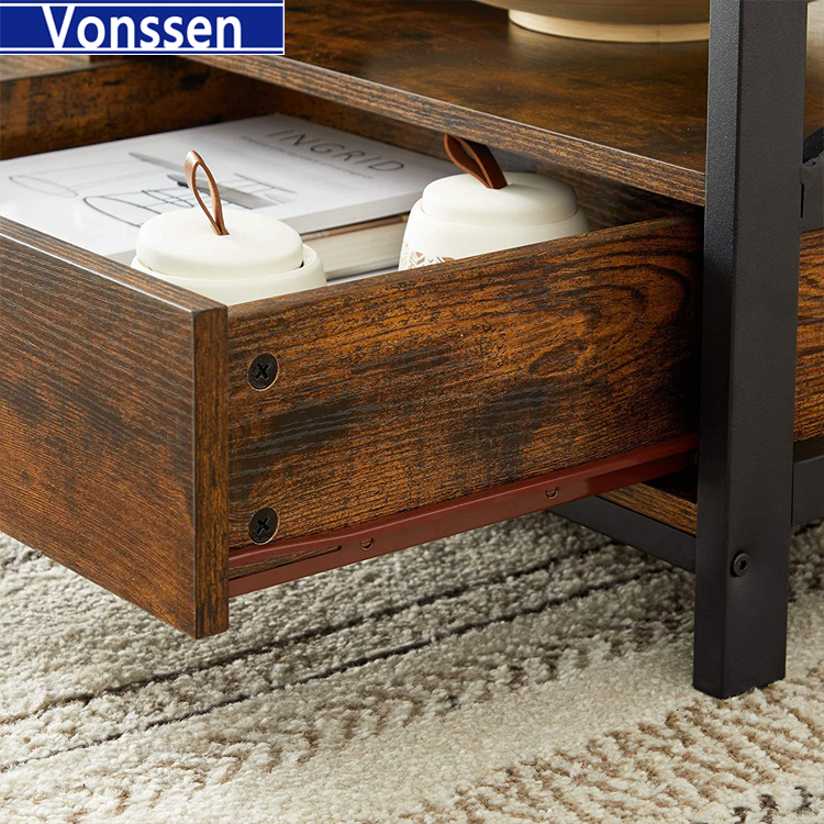 Vonssen Rustic Brown Cocktail Table Industrial Wood Top Metal Frame Coffee Table with Storage Shelf VS1010400087