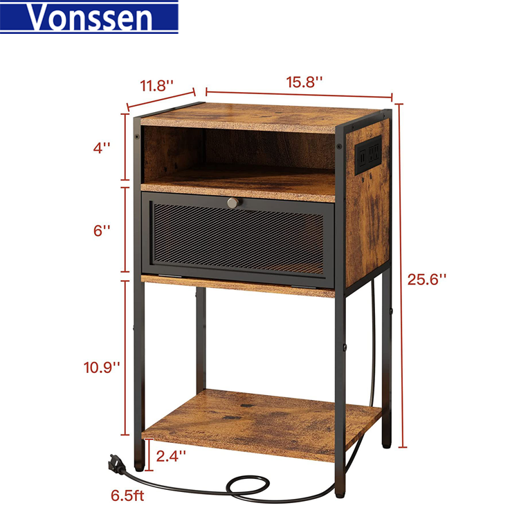 Vonssen Nightstand with Charging Station Bedside Tables with 3 Tiers Storage Space and Door End Tables with USB Ports and Outlets for Bedroom Living Room Brown VS1010400122 --