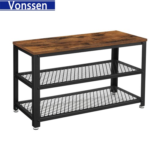 Vonssen Shoe Bench 3-Tier Shoe Rack Shoe Shelf Storage Bench with Metal Mesh Shelves and Seat Free Standing Shoe Organizer for Entryway Hazelnut Brown and Black VS1060200001 --