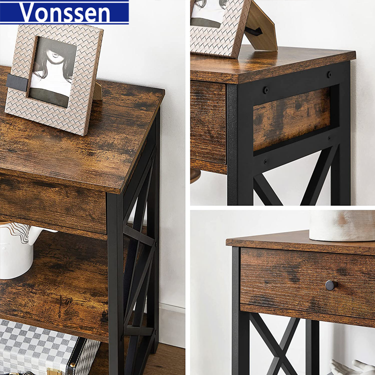 Vonssen Console Table Entryway Table with Storage Shelves Drawers Sofa Table with Metal Frame Farmhouse Industrial Style Rustic Brown and Black VS1010400004