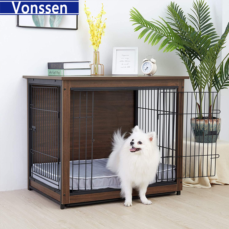 Vonssen Wooden Dog Crate Furniture: 38 inch Nightstand Style Animal Crates with Tray - Indoor Pet Training Pen Cage with Wood Top Double Gate Cute Escape Chew Proof Walnut Brown VS3010100006