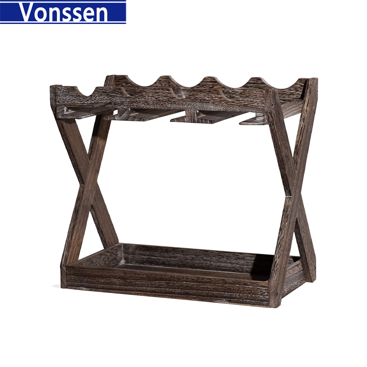 Vonssen Countertop Solid Wood Wine Rack for 4 Bottles and 6 Stemware Glass Holder Cork Storage Tabletop Tray Freestanding Organizer  VS1031700011