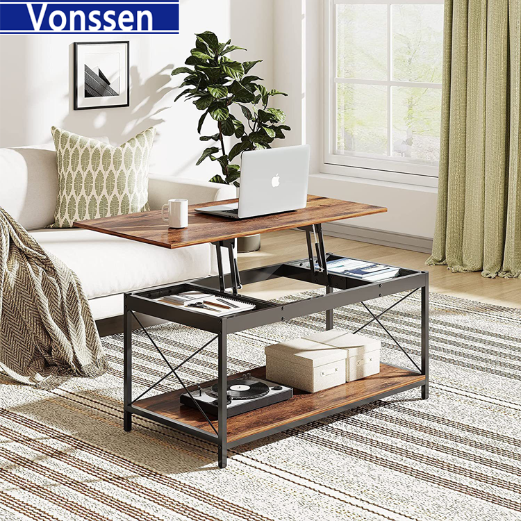 Vonssen  Lift Top Coffee Table with Hidden Compartment Industrial Dining Center Table with Storage Shelf and 2 Hidden Drawer Compartment Rising Cocktail Table VS1010400088