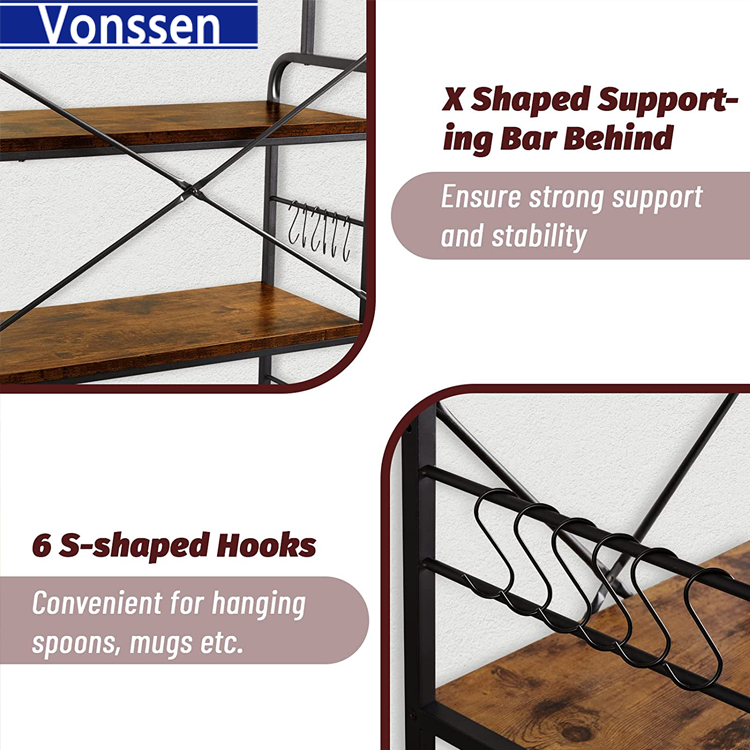 Vonssen Bakers Rack with Power Outlet Microwave Stand Coffee Bar with Wire Basket Kitchen Storage Rack with 6 S-Hooks Kitchen Shelves for Spices Pots and Pans VS1031403011