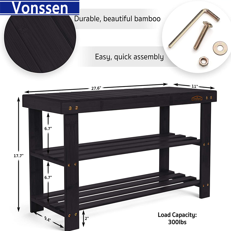 Vonssen 17.7 in. H 6-Pair Black Bamboo Shoe Rack Bench 3-Tier Storage Shelf VS1060200015