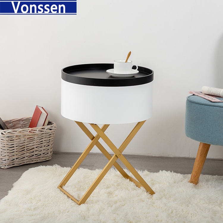 Vonssen Side Table Round Coffee Table with Tray End Table Wooden Sofa Table Rotatable Small Storage Organizer X-shaped metal table legs VS1010400085