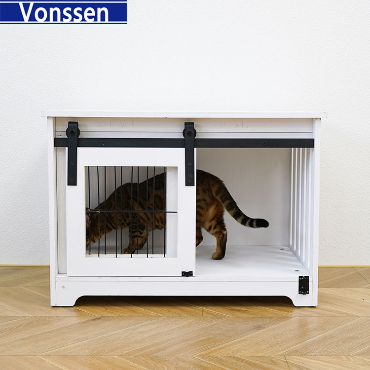 Vonssen Barn Door Pet Crate End Table with Sliding Door for Dogs Cats (White) VS3010100001