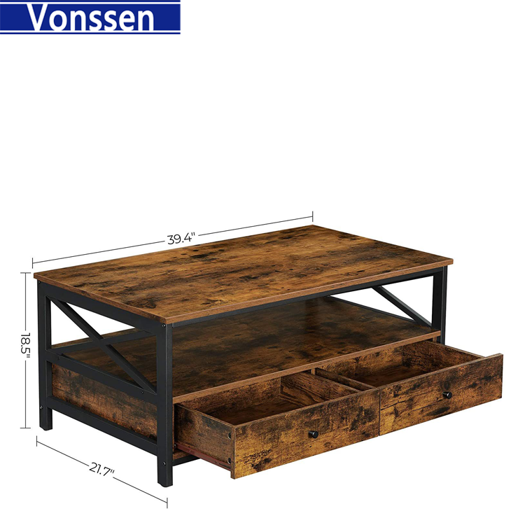 Vonssen Rustic Brown Cocktail Table Industrial Wood Top Metal Frame Coffee Table with Storage Shelf VS1010400087