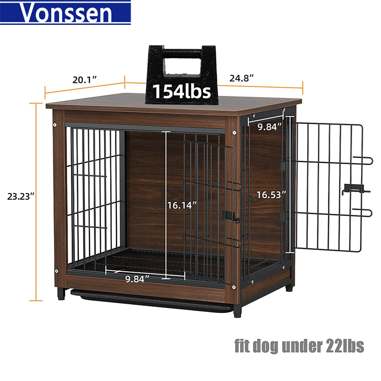 Vonssen Wooden Dog Crate Furniture: 38 inch Nightstand Style Animal Crates with Tray - Indoor Pet Training Pen Cage with Wood Top Double Gate Cute Escape Chew Proof Walnut Brown VS3010100006