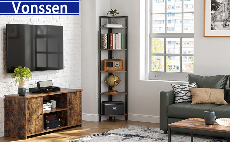 Vonssen 5 Tier Corner Shelf Stand Corner Bookshelf Tall Corner Storage Shelves Industrial Rack Plant Stand for Living Room Bedroom Home Office Rustic Brown and Black VS1050200026