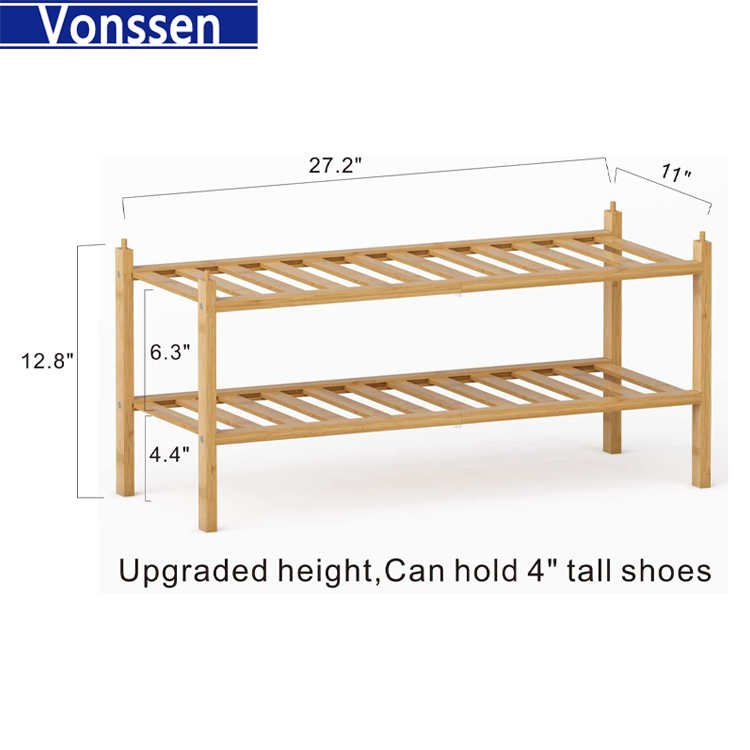 Vonssen 2-Tier Bamboo Shoe Rack Premium Stackable Shoe shelf Storage Organizer For Hallway Closet Living Room Entryway Organizer Natural Bamboo VS1060200013