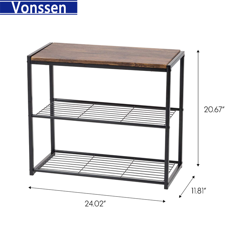 Vonssen 3-Tier Shoe Bench for Entryway 6 Pairs Extendable Shoe Organizer for Closet Stackable Shoe Storage Organizer Wood and Metal Shoe Rack Bench VS1060200021