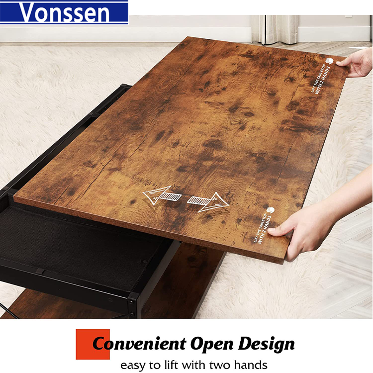 Vonssen  Lift Top Coffee Table with Hidden Compartment Industrial Dining Center Table with Storage Shelf and 2 Hidden Drawer Compartment Rising Cocktail Table VS1010400088